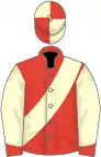 Vermillion, cream sleeves and sash, vermillion cuffs, quartered cap