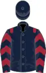 Dark blue, maroon epaulets, chevrons on sleeves