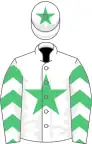 White, emerald green star, chevrons on sleeves, white cap, emerald green star