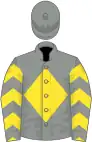 Grey, yellow diamond, yellow and grey chevrons on sleeves