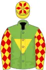 Light green, yellow inverted triangle, yellow sleeves, red diamonds, yellow cap, red diamonds