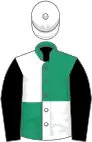 Emerald green and white (quartered), black sleeves, white cap