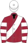 Maroon, white sash, hooped sleeves, white cap