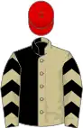 Beige and black halved, black chevrons on sleeves, red cap