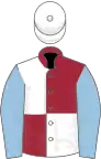 Maroon and white (quartered), light blue sleeves, white cap