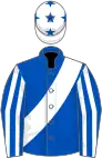 Royal blue, white sash, striped sleeves, white cap, royal blue stars