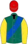 Dark Green, Royal Blue sash, Yellow sleeves, Red cap