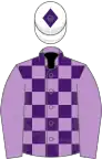 Mauve and purple check, mauve sleeves, white cap, purple diamond