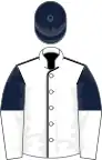 White, black seams, dark blue and white halved sleeves, dark blue cap