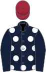 Dark blue, white spots on body, maroon cap