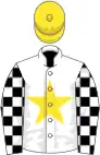 White, yellow star, black and white check sleeves, yellow cap