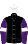 Black, purple sleeves, white armlets, white cap