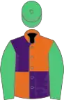 Orange and purple quartered, emerald green sleeves and cap