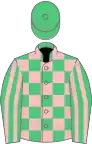 Emerald Green and Pink check, striped sleeves, Emerald Green cap