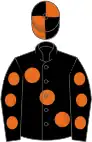 Black, large orange spots, black sleeves, orange spots, quartered cap