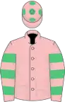 PINK, emerald green hooped sleeves, pink cap, emerald green spots