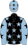 Black, light blue stars, light blue sleeves, black stars and stars on cap