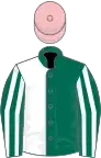 Dark green and white (halved), striped sleeves, pink cap