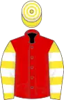 Red, yellow and white hooped sleeves and cap