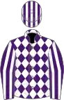 Purple and white diamonds, striped sleeves and cap