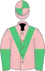 Pink, emerald green chevron, halved sleeves, quartered cap