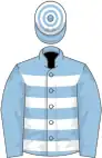 Light blue and white hoops, light blue sleeves, hooped cap