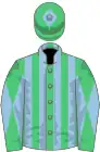 Emerald green and light blue stripes, diabolo on sleeves, emerald green cap, light blue diamond