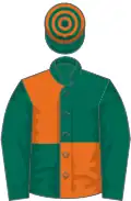 Dark green and orange (quartered), dark green sleeves, hooped cap