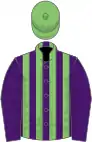 Purple and light green stripes, purple sleeves, light green cap