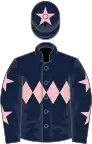 Dark blue, pink triple diamond, dark blue sleeves, pink stars, dark blue cap, pink star