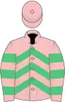 Pink, emerald green chevrons, hooped sleeves, pink cap