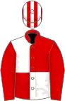 Red and white (quartered), red sleeves, striped cap