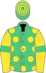 Emerald Green, Yellow spots, Yellow sleeves, Emerald Green armlets, Emerald Green and Yellow hooped cap