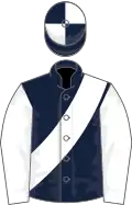 Dark blue, white sash and sleeves, quartered cap