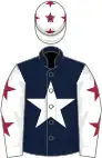 Dark blue, white star, white sleeves, maroon stars, white cap, maroon stars