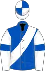 Royal blue, white sash, white sleeves, royal blue armlet, quartered cap