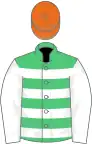 Emerald green, white hoops and sleeves, orange cap