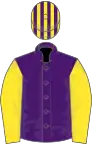 Purple, yellow sleeves, striped cap