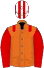 ORANGE, red epaulettes and sleeves, red and white striped cap