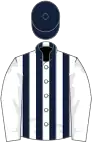 White and dark blue stripes, white sleeves, dark blue cap