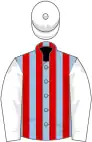 Light blue and red stripes, white sleeves and cap