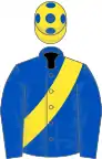 Royal blue, yellow sash, yellow cap, royal blue spots