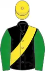 Black, yellow sash, green sleeves, yellow cap