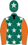 Dark green, white stars, orange sleeves, dark green cap, white star