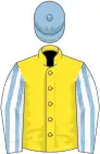 Yellow, light blue and white striped sleeves, Light Blue cap