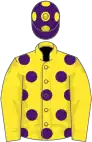 Yellow, purple spots on body, purple cap, yellow spots