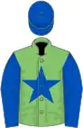 Light green, royal blue star, sleeves and cap