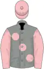 Grey, large pink spots and sleeves, pink cap