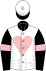 WHITE, PINK heart, BLACK collar, BLACK sleeves, PINK hoop, WHITE cap, BLACK button and visor