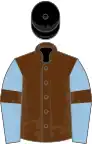 Brown, light blue sleeves, brown armlets, black cap